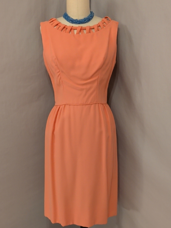 Vintage Dresses & Skirts - Vintage Fifties Sleeveless Coral Midi Dress with Lattice Neckline Elegant SeeMes